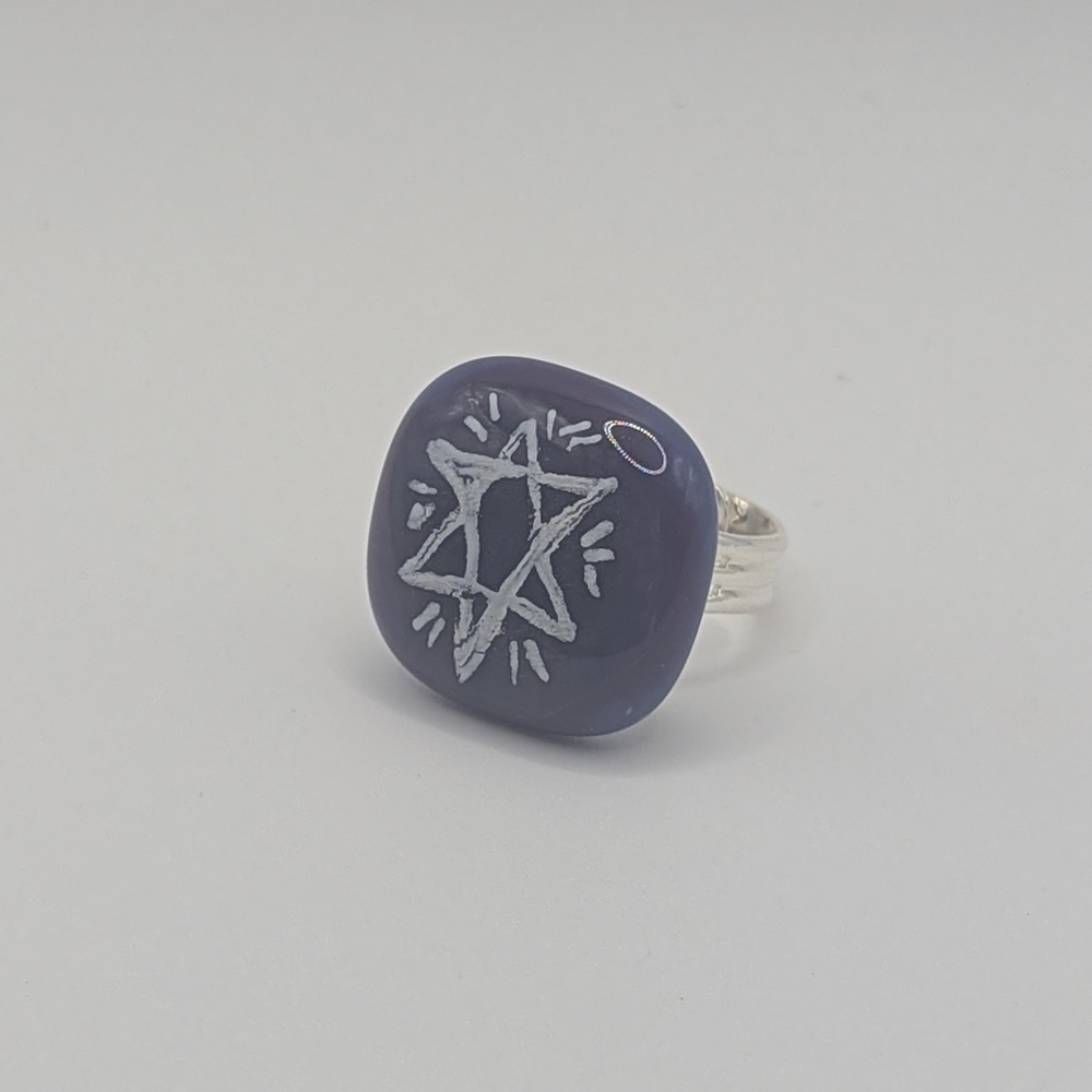 Handmade Purple glass Star of David statement ring Silver plated adjustable
